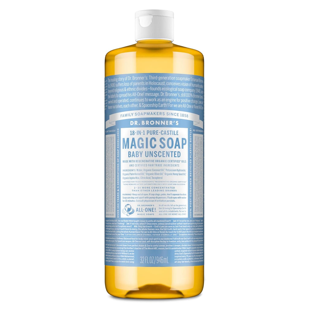 Pure Castile Liquid Soap - Made with Regenerative Organic Certified Oils - 18-In-1 Uses for Face, Body, Hand - Gentle on Baby & Sensitive Skin - All Natural Body Wash - Unscented,32Oz