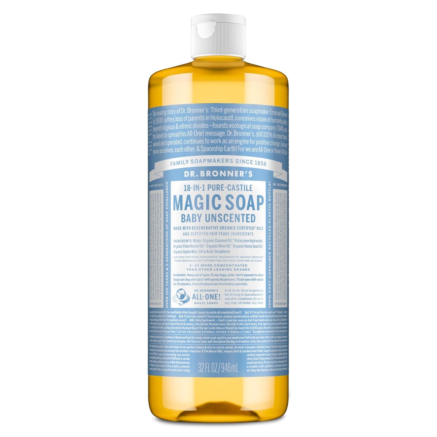 Pure Castile Liquid Soap - Made with Regenerative Organic Certified Oils - 18-In-1 Uses for Face, Body, Hand - Gentle on Baby & Sensitive Skin - All Natural Body Wash - Unscented,32Oz