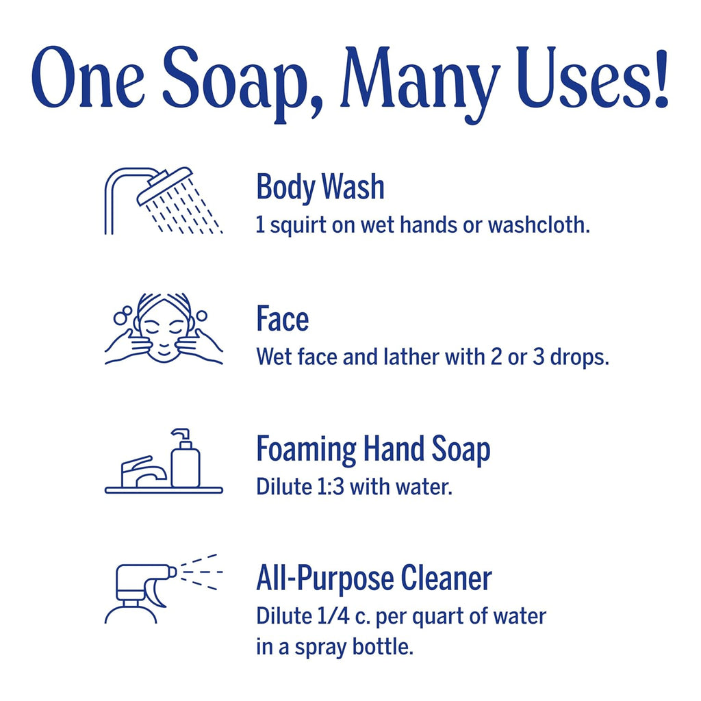 Pure Castile Liquid Soap - Made with Regenerative Organic Certified Oils - 18-In-1 Uses for Face, Body, Hand - Gentle on Baby & Sensitive Skin - All Natural Body Wash - Unscented,32Oz
