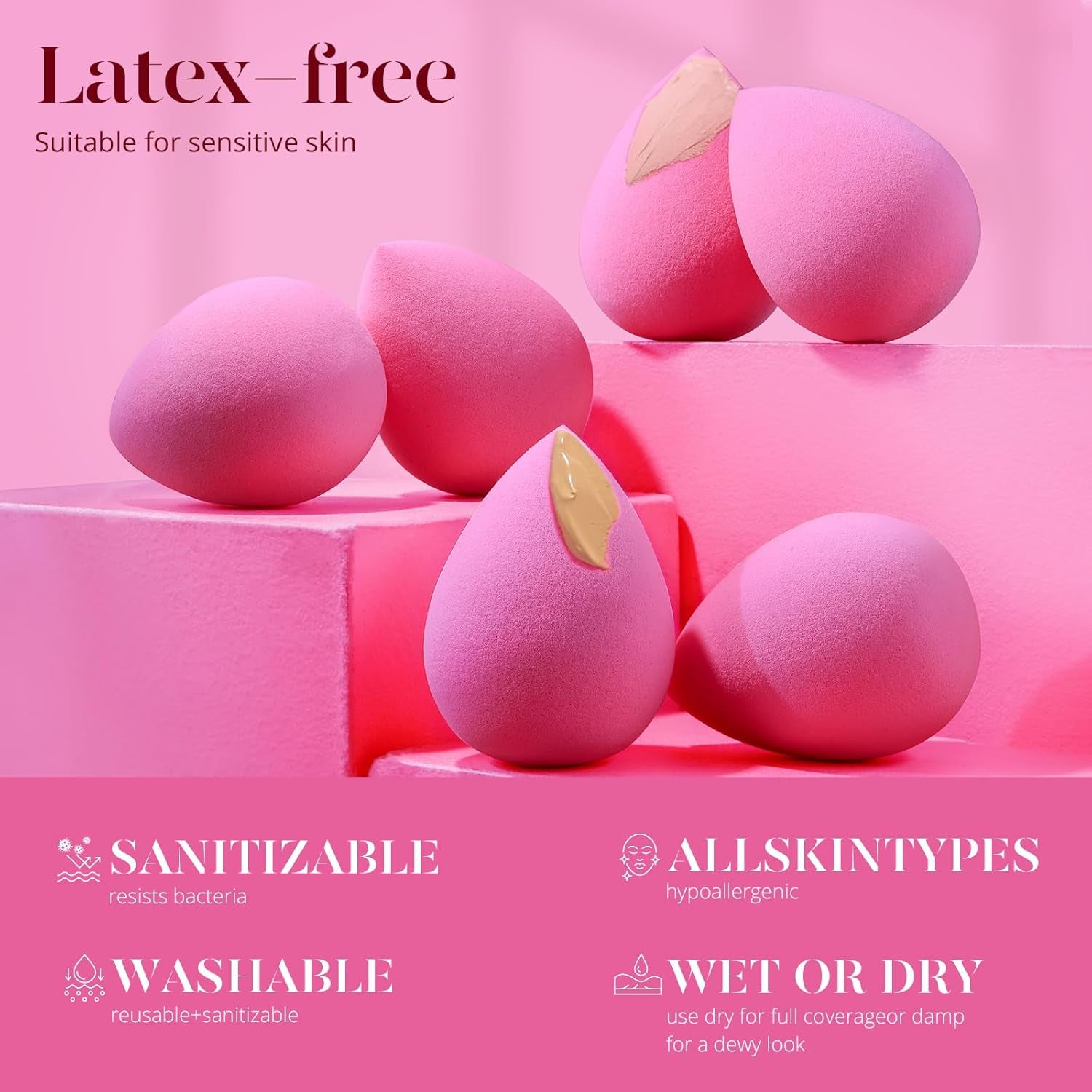 Super Soft Makeup Sponge Set of 6, Makeup Sponges for Foundation, Liquid, Cream and Powder, Pink Beauty Sponge for Blending, 0 Latex Blender, Christmas Stocking Stuffers for Adults