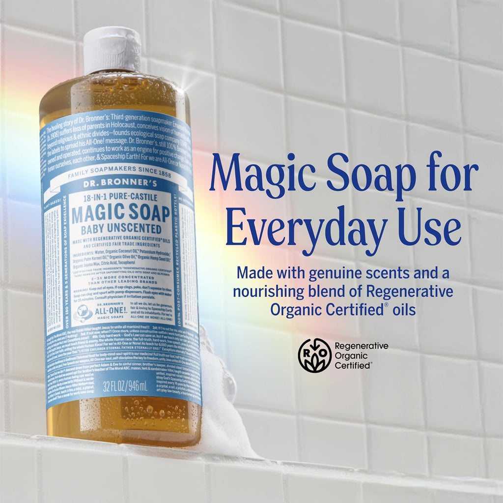 Pure Castile Liquid Soap - Made with Regenerative Organic Certified Oils - 18-In-1 Uses for Face, Body, Hand - Gentle on Baby & Sensitive Skin - All Natural Body Wash - Unscented,32Oz