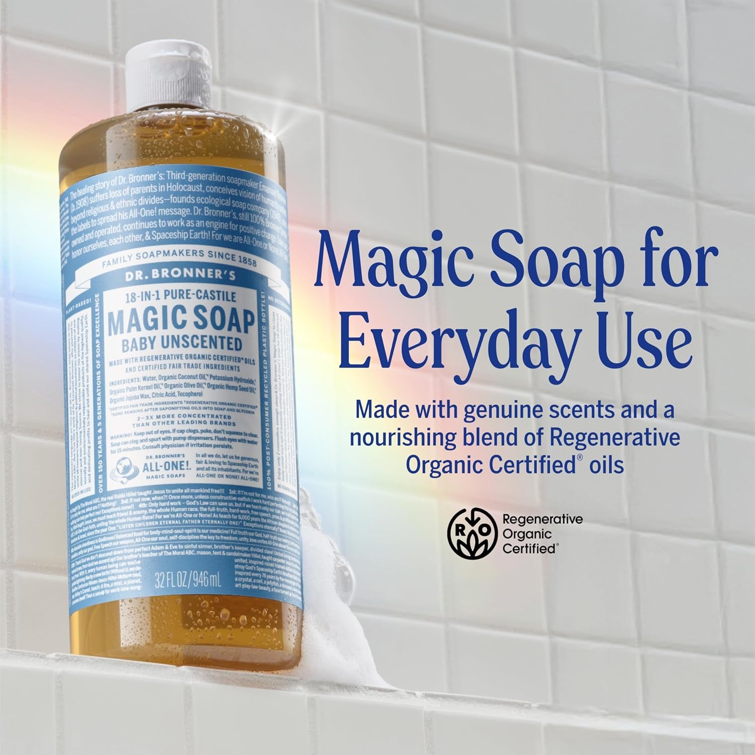 Pure Castile Liquid Soap - Made with Regenerative Organic Certified Oils - 18-In-1 Uses for Face, Body, Hand - Gentle on Baby & Sensitive Skin - All Natural Body Wash - Unscented,32Oz